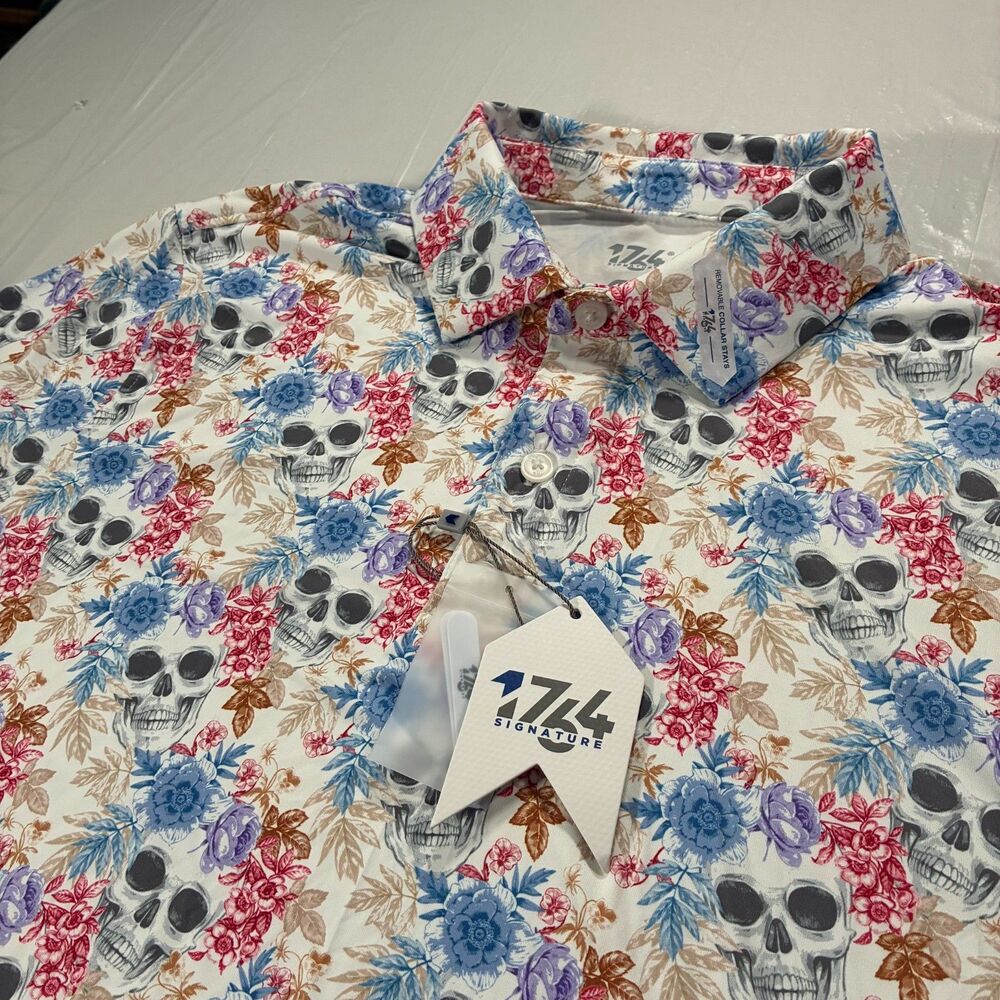 1764 Signature Men’s Golf Polo Skulls N Flowers Men's Large White NEW